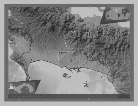 Foto de Chiriqui, province of Panama. Grayscale elevation map with lakes and rivers. Locations of major cities of the region. Corner auxiliary location maps - Imagen libre de derechos