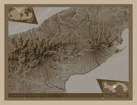 Photo for Cocle, province of Panama. Elevation map colored in sepia tones with lakes and rivers. Locations and names of major cities of the region. Corner auxiliary location maps - Royalty Free Image