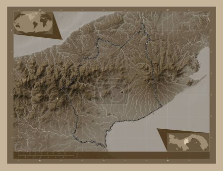 Photo for Cocle, province of Panama. Elevation map colored in sepia tones with lakes and rivers. Corner auxiliary location maps - Royalty Free Image