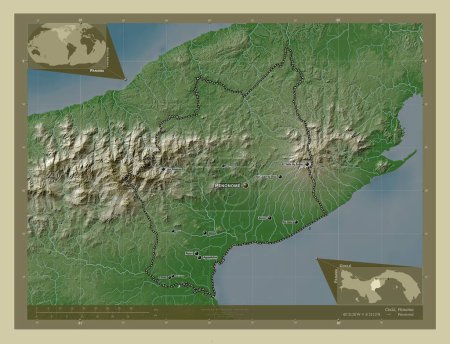 Photo for Cocle, province of Panama. Elevation map colored in wiki style with lakes and rivers. Locations and names of major cities of the region. Corner auxiliary location maps - Royalty Free Image