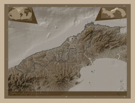 Photo for Colon, province of Panama. Elevation map colored in sepia tones with lakes and rivers. Locations of major cities of the region. Corner auxiliary location maps - Royalty Free Image