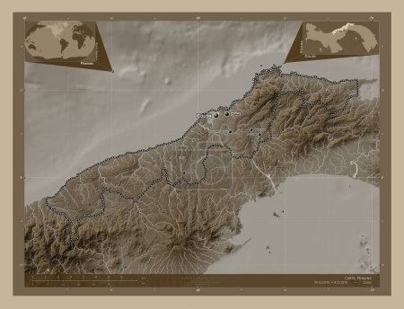 Photo for Colon, province of Panama. Elevation map colored in sepia tones with lakes and rivers. Locations and names of major cities of the region. Corner auxiliary location maps - Royalty Free Image