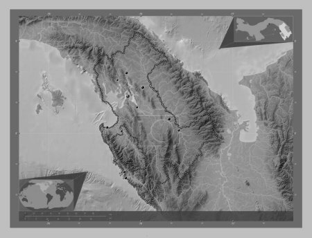 Téléchargez les photos : Darien, province of Panama. Grayscale elevation map with lakes and rivers. Locations of major cities of the region. Corner auxiliary location maps - en image libre de droit