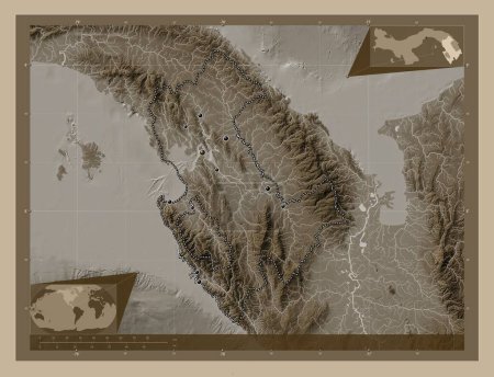 Téléchargez les photos : Darien, province of Panama. Elevation map colored in sepia tones with lakes and rivers. Locations of major cities of the region. Corner auxiliary location maps - en image libre de droit