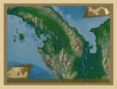 Photo for Darien, province of Panama. Colored elevation map with lakes and rivers. Locations of major cities of the region. Corner auxiliary location maps - Royalty Free Image