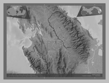 Foto de Embera, indigenous territory of Panama. Grayscale elevation map with lakes and rivers. Locations and names of major cities of the region. Corner auxiliary location maps - Imagen libre de derechos