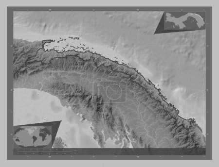 Photo for Kuna Yala, indigenous territory of Panama. Grayscale elevation map with lakes and rivers. Corner auxiliary location maps - Royalty Free Image