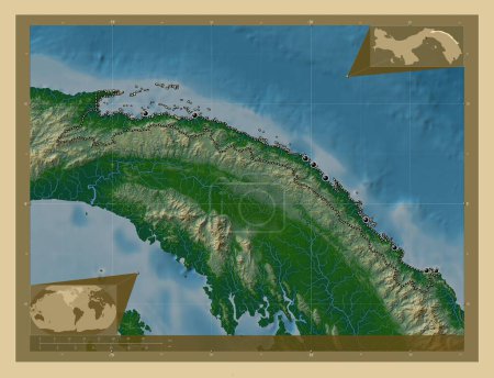 Photo for Kuna Yala, indigenous territory of Panama. Colored elevation map with lakes and rivers. Locations of major cities of the region. Corner auxiliary location maps - Royalty Free Image