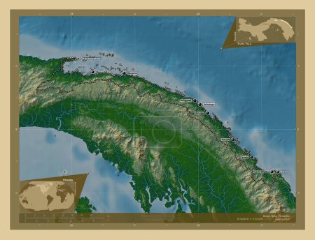 Photo for Kuna Yala, indigenous territory of Panama. Colored elevation map with lakes and rivers. Locations and names of major cities of the region. Corner auxiliary location maps - Royalty Free Image