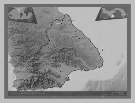 Photo for Los Santos, province of Panama. Grayscale elevation map with lakes and rivers. Locations and names of major cities of the region. Corner auxiliary location maps - Royalty Free Image