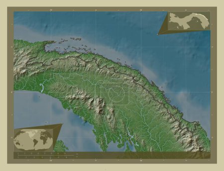 Photo for Kuna Yala, indigenous territory of Panama. Elevation map colored in wiki style with lakes and rivers. Corner auxiliary location maps - Royalty Free Image