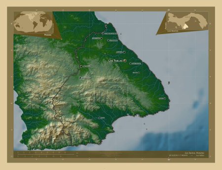 Photo for Los Santos, province of Panama. Colored elevation map with lakes and rivers. Locations and names of major cities of the region. Corner auxiliary location maps - Royalty Free Image