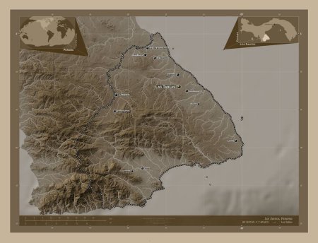 Foto de Los Santos, province of Panama. Elevation map colored in sepia tones with lakes and rivers. Locations and names of major cities of the region. Corner auxiliary location maps - Imagen libre de derechos