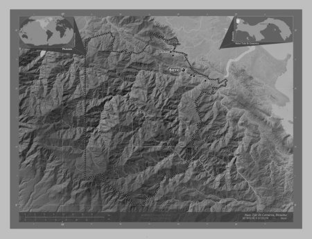 Téléchargez les photos : Naso Tjer Di Comarca, province of Panama. Grayscale elevation map with lakes and rivers. Locations and names of major cities of the region. Corner auxiliary location maps - en image libre de droit