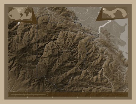 Téléchargez les photos : Naso Tjer Di Comarca, province of Panama. Elevation map colored in sepia tones with lakes and rivers. Locations of major cities of the region. Corner auxiliary location maps - en image libre de droit