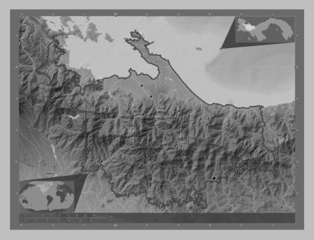 Téléchargez les photos : Ngobe Bugle, indigenous territory of Panama. Grayscale elevation map with lakes and rivers. Locations of major cities of the region. Corner auxiliary location maps - en image libre de droit
