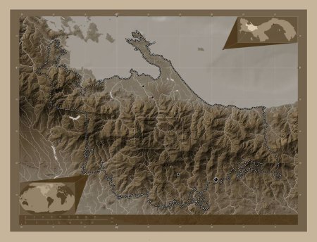 Photo for Ngobe Bugle, indigenous territory of Panama. Elevation map colored in sepia tones with lakes and rivers. Locations of major cities of the region. Corner auxiliary location maps - Royalty Free Image