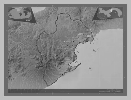 Foto de Panama Oeste, province of Panama. Grayscale elevation map with lakes and rivers. Locations and names of major cities of the region. Corner auxiliary location maps - Imagen libre de derechos