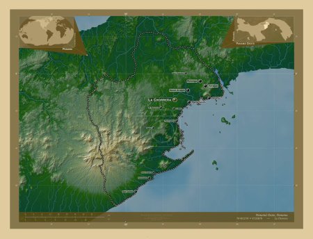 Foto de Panama Oeste, province of Panama. Colored elevation map with lakes and rivers. Locations and names of major cities of the region. Corner auxiliary location maps - Imagen libre de derechos