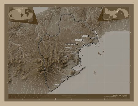 Foto de Panama Oeste, province of Panama. Elevation map colored in sepia tones with lakes and rivers. Locations and names of major cities of the region. Corner auxiliary location maps - Imagen libre de derechos