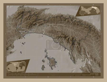 Téléchargez les photos : Panama, province of Panama. Elevation map colored in sepia tones with lakes and rivers. Locations and names of major cities of the region. Corner auxiliary location maps - en image libre de droit