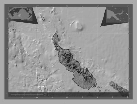 Téléchargez les photos : Bougainville, autonomous region of Papua New Guinea. Bilevel elevation map with lakes and rivers. Corner auxiliary location maps - en image libre de droit