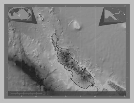 Foto de Bougainville, autonomous region of Papua New Guinea. Grayscale elevation map with lakes and rivers. Locations of major cities of the region. Corner auxiliary location maps - Imagen libre de derechos