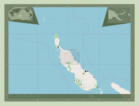 Téléchargez les photos : Bougainville, autonomous region of Papua New Guinea. Open Street Map. Locations of major cities of the region. Corner auxiliary location maps - en image libre de droit