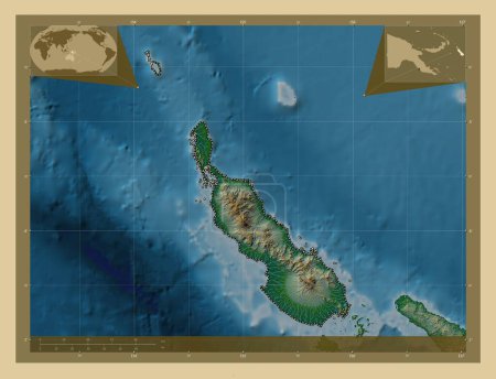 Téléchargez les photos : Bougainville, autonomous region of Papua New Guinea. Colored elevation map with lakes and rivers. Corner auxiliary location maps - en image libre de droit