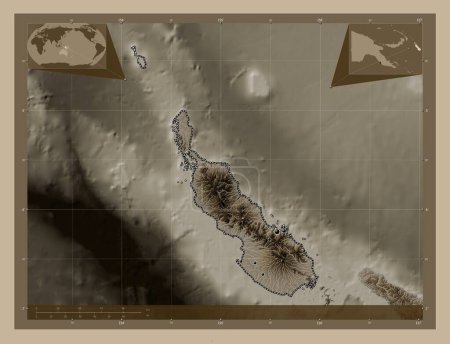 Photo for Bougainville, autonomous region of Papua New Guinea. Elevation map colored in sepia tones with lakes and rivers. Locations of major cities of the region. Corner auxiliary location maps - Royalty Free Image