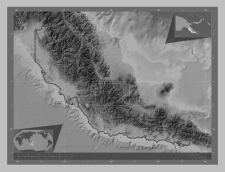 Téléchargez les photos : Central Province, province of Papua New Guinea. Grayscale elevation map with lakes and rivers. Corner auxiliary location maps - en image libre de droit