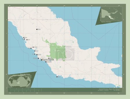 Téléchargez les photos : Central Province, province of Papua New Guinea. Open Street Map. Locations and names of major cities of the region. Corner auxiliary location maps - en image libre de droit