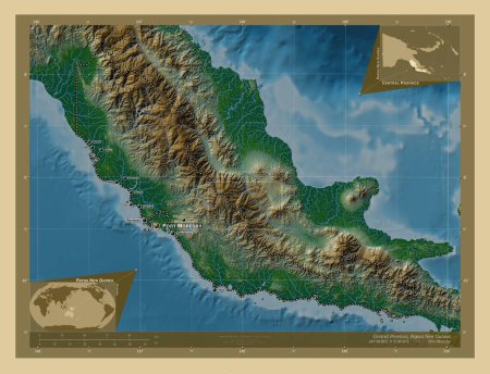 Photo for Central Province, province of Papua New Guinea. Colored elevation map with lakes and rivers. Locations and names of major cities of the region. Corner auxiliary location maps - Royalty Free Image