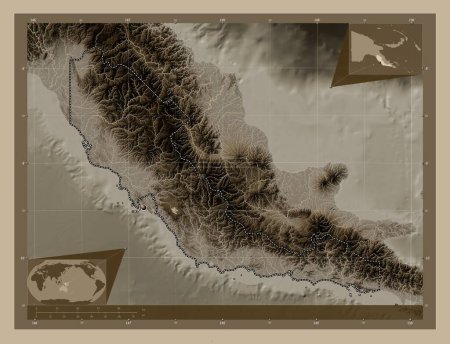 Photo for Central Province, province of Papua New Guinea. Elevation map colored in sepia tones with lakes and rivers. Corner auxiliary location maps - Royalty Free Image