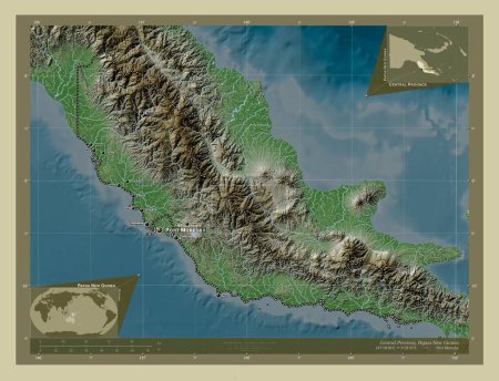 Photo for Central Province, province of Papua New Guinea. Elevation map colored in wiki style with lakes and rivers. Locations and names of major cities of the region. Corner auxiliary location maps - Royalty Free Image