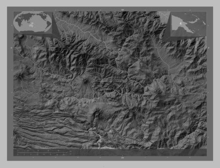 Photo for Chimbu, province of Papua New Guinea. Grayscale elevation map with lakes and rivers. Locations of major cities of the region. Corner auxiliary location maps - Royalty Free Image