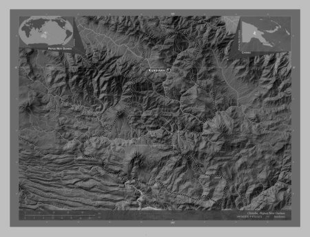 Photo for Chimbu, province of Papua New Guinea. Grayscale elevation map with lakes and rivers. Locations and names of major cities of the region. Corner auxiliary location maps - Royalty Free Image