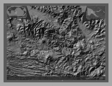 Téléchargez les photos : Chimbu, province of Papua New Guinea. Bilevel elevation map with lakes and rivers. Locations and names of major cities of the region. Corner auxiliary location maps - en image libre de droit