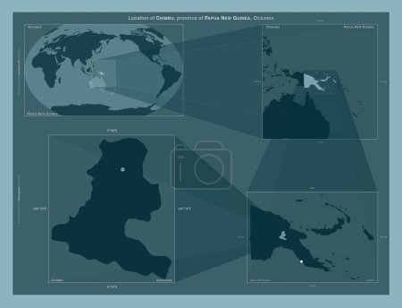 Photo for Chimbu, province of Papua New Guinea. Diagram showing the location of the region on larger-scale maps. Composition of vector frames and PNG shapes on a solid background - Royalty Free Image