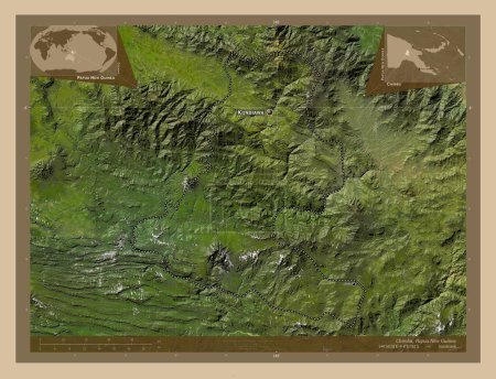 Téléchargez les photos : Chimbu, province of Papua New Guinea. Low resolution satellite map. Locations and names of major cities of the region. Corner auxiliary location maps - en image libre de droit