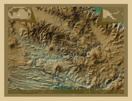 Photo for Chimbu, province of Papua New Guinea. Colored elevation map with lakes and rivers. Locations of major cities of the region. Corner auxiliary location maps - Royalty Free Image