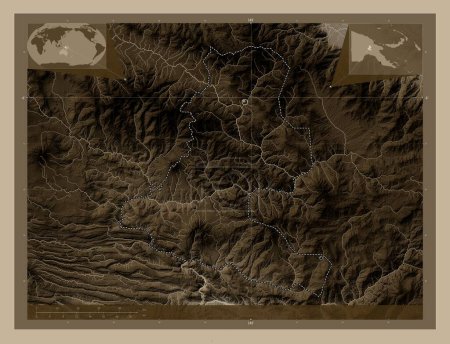 Foto de Chimbu, province of Papua New Guinea. Elevation map colored in sepia tones with lakes and rivers. Locations of major cities of the region. Corner auxiliary location maps - Imagen libre de derechos