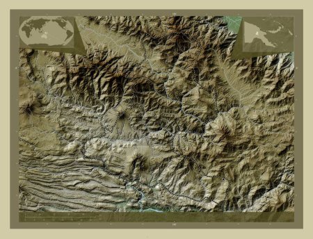 Téléchargez les photos : Chimbu, province of Papua New Guinea. Elevation map colored in wiki style with lakes and rivers. Locations of major cities of the region. Corner auxiliary location maps - en image libre de droit