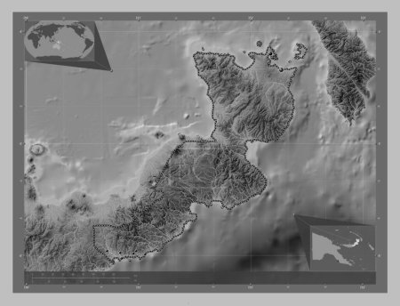 Téléchargez les photos : East New Britain, province of Papua New Guinea. Grayscale elevation map with lakes and rivers. Locations of major cities of the region. Corner auxiliary location maps - en image libre de droit