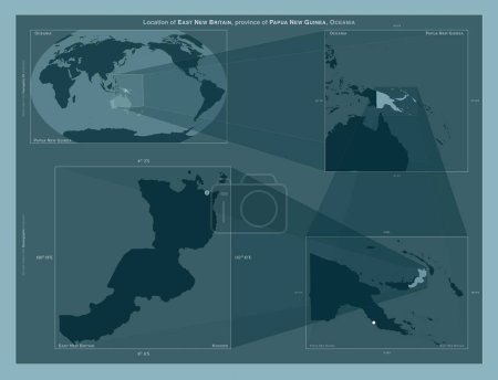 Photo for East New Britain, province of Papua New Guinea. Diagram showing the location of the region on larger-scale maps. Composition of vector frames and PNG shapes on a solid background - Royalty Free Image