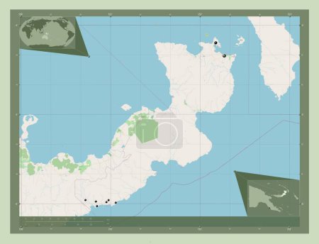 Téléchargez les photos : East New Britain, province of Papua New Guinea. Open Street Map. Locations of major cities of the region. Corner auxiliary location maps - en image libre de droit