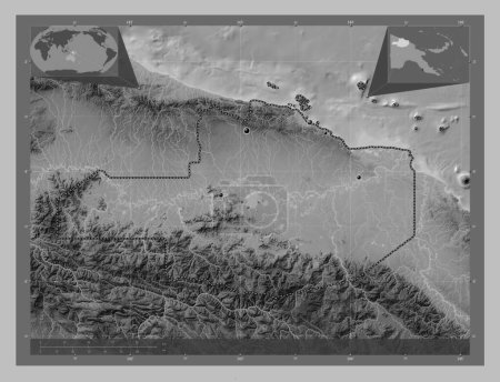 Photo for East Sepik, province of Papua New Guinea. Grayscale elevation map with lakes and rivers. Locations of major cities of the region. Corner auxiliary location maps - Royalty Free Image