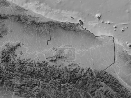 Photo for East Sepik, province of Papua New Guinea. Grayscale elevation map with lakes and rivers - Royalty Free Image