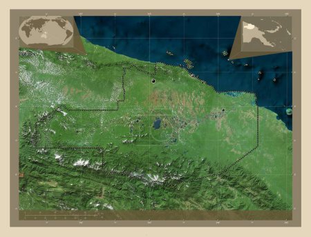 Photo for East Sepik, province of Papua New Guinea. High resolution satellite map. Locations of major cities of the region. Corner auxiliary location maps - Royalty Free Image