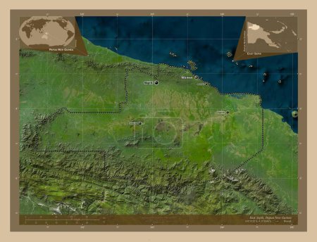 Photo for East Sepik, province of Papua New Guinea. Low resolution satellite map. Locations and names of major cities of the region. Corner auxiliary location maps - Royalty Free Image